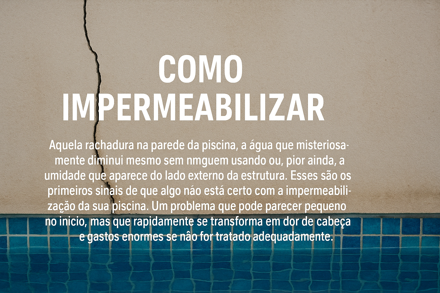 A imagem mostra uma parede de piscina com uma rachadura vertical visível, representando um problema típico de infiltração. A parte inferior da imagem exibe a borda interna da piscina revestida com pastilhas azuis imersas em água limpa, reforçando o contexto visual.