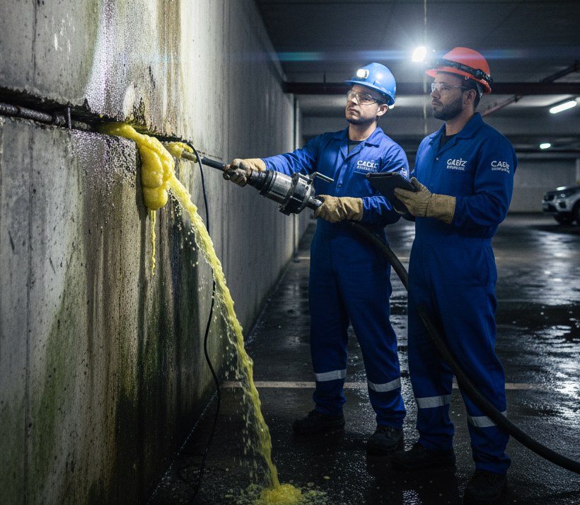 Equipe da cadiz vedações realizando impermeabilização de sub-solo